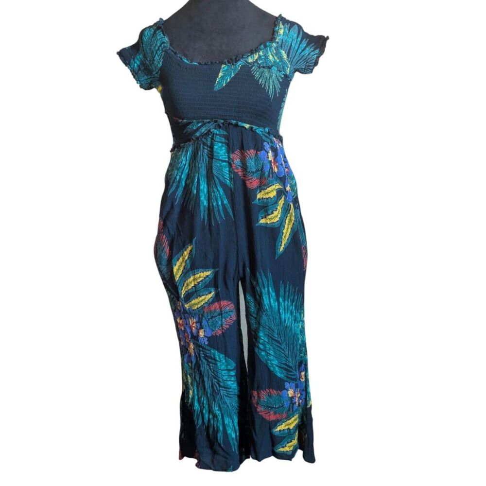 Patrons of Peace Womens XS Tropical Floral Smocked Jumpsuit Wide Leg Palazzo